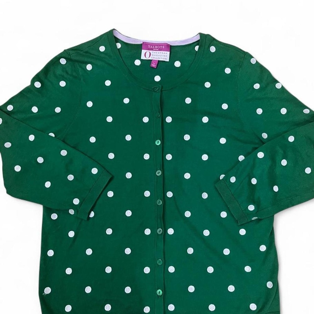 Talbots Cardigan Women LP Green Polka Dot Oprah Magazine Collection Excellent